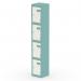 The photograph displays a sleek and modern Silverline Qube Locker with 4 doors, standing at a height of 1800mm. The locker features a soft pastel turquoise color accented by a satin white finish, exuding a contemporary and stylish look.
