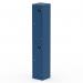 The photograph shows a tall blue locker with two doors from Silverline Lockers. It stands at 1800mm high and has a Qube design. The shiny silver handle stands out against the bright blue color. The locker appears sturdy and secure.