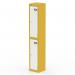 The photograph shows a bright lemon yellow and satin white Silverline Qube Locker. It features two doors and stands 1800mm high. The minimalist design and vibrant color make for a sleek and modern storage solution.