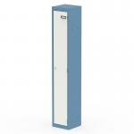 This photo showcases a sleek and modern Silverline Qube 1 door locker in a striking pastel blue and satin white finish. Standing at 1800mm high, it exudes style and functionality. The clean lines and bold colors make it an eye-catching addition to any space.