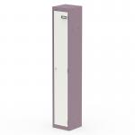 The Silverline Lockers Qube Locker has a single door that stands at 1800mm high. It features a pastel violet and satin white color scheme, giving it a soft and sophisticated appearance. The clean lines and sleek design make this locker a stylish and functional addition to any space.