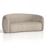 This photograph shows a sleek, modern sofa with a curved shape and cream Boucle upholstery. The clean lines and soft texture add a touch of elegance to any living space.