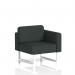 The photo shows a sleek and modern left unit of dynamic modular seating, with elegant white legs and a charcoal-colored rivet fabric. The modular design allows for customizable arrangements, making it a versatile addition to any space.