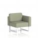 The photograph shows a versatile and stylish seating unit from Brixworth. Its modern design features white legs and is upholstered in Main Line Flax fabric. The left unit can easily be combined with other pieces for dynamic and modular seating arrangements.