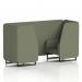 The photograph captures the sleek design of the Dynamic Seating Booths Brixworth 2 Seater Booth, featuring black legs and Main Line Flax Fabric. Monument Panels and the accompanying Sofa add a modern touch to this stylish seating option.