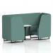This photo features two dynamic seating booths in Brixworth style, with sleek black legs and a white table with matching black legs. The sumi fabric adds texture and subtle patterns, complemented by the handa panels and sofa.