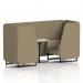 A photo of the Dynamic Seating Booths Brixworth 2 Seater Booth shows a sleek design with black legs and white table. The main line flax fabric is accented by bank panels and an Upminster Sofa, giving a modern look to the seating area.