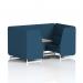 The photo shows a stylish seating area with four dynamic seating booths in Brixworth design. Each booth has white legs and is paired with a grey table with a silver leg. The booths are upholstered in Sumi fabric and feature Uto panels and a sofa (product code SF001380 not shown). The overall design is modern and inviting.