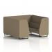 This photo showcases a modern and versatile seating option for any space. The 6-seater booth features sleek black legs and is upholstered in a chic flax fabric. The bank panels and sofa add a touch of sophistication to the overall design.