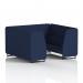 The image features a sleek, modern 6 seater booth with black legs, upholstered in synergy fabric. Its dynamic design includes alike panels and a matching sofa, creating a stylish and functional seating solution.