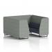 This picture showcases our Dynamic Seating Booths Brixworth 6 Seater Booth, featuring sleek black legs and stunning Rivet fabric. The Prime Panels and Crucible Sofa add a touch of sophistication to any space. Perfect for modern offices or commercial settings.