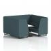 This modern seating booth features a sleek white table with black legs and six comfortable seats upholstered in polygon panels and sofa fabric. The dynamic design creates a perfect gathering space for socializing or working.