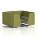 The picture shows a modern 6 seater seating booth in Brixworth style, with white legs and a black table featuring a silver leg. The booths are upholstered in a beautiful olive color and the sofa is burnished, creating a dynamic and inviting space.