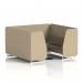 The image shows a modern and versatile seating option - Dynamic Seating Booths Brixworth. It features a 6 seater booth with sleek white legs and a black table with a silver leg. The booth is upholstered in Main Line Flax fabric, while the Upminster Panels and Bank Sofa add a touch of sophistication.