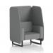 This photo features a single open booth from Dynamic Seating, with sleek black legs and stylish synergy fabric. The booth has partner panels and a matching sofa, creating a modern and comfortable seating solution.