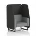 A modern and versatile booth that is custom made to order. The sleek black legs support the one-seater open design, featuring a mix of panels and a partner sofa. The synergy fabric adds a touch of sophistication to this dynamic piece.