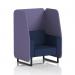 The photograph showcases a sleek and modern open booth from Dynamic Booths, customized with black legs and covered in synergy fabric. The single seater is accompanied by order panels and a matching sofa, creating a cohesive and stylish seating area.
