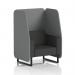 The picture shows a sleek and modern Brixworth 1 seater open booth with black legs. The synergy fabric adds a touch of elegance, while the partner panels and mix sofa create a dynamic and versatile seating area. Perfect for any contemporary space.