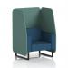 The photo features a sleek and modern open booth with black legs, upholstered in sumi fabric and designed with handa panels and an uto sofa. The dynamic design is perfect for adding extra seating to any space.
