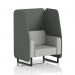 The photo captures a sleek, modern open booth with black legs and sumi fabric. The kobe panels and Tokyo sofa add a touch of elegance to this customizable 1-seater.