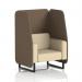 The picture shows a modern and versatile Dynamic Booths 1 seater open booth with black legs, featuring a gorgeous Sumi fabric and sleek Osaka panels. It also includes a comfortable Zen Sofa, creating a stylish and functional seating arrangement.