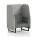 This image showcases a sleek and modern 1 seater open booth from Dynamic Booths. It features black legs, sumi fabric, Tokyo panels, and a Kobe sofa. The design is elegant and practical, perfect for any office or event setting.