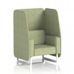 This picture features a stylish open booth with white legs and burnish panels. The booth is upholstered in rivet fabric and comfortably seats one person. It is a unique and customizable piece from Dynamic Booths, perfect for any modern space.