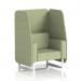 This picture features a stylish open booth with white legs and burnish panels. The booth is upholstered in rivet fabric and comfortably seats one person. It is a unique and customizable piece from Dynamic Booths, perfect for any modern space.