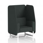 A sleek and modern open booth with white legs and charcoal panels, featuring a comfortable 1 seater sofa made with durable rivet fabric. This dynamic booth is designed and made to order in Brixworth, perfect for any commercial space.