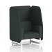 A sleek and modern open booth with white legs and charcoal panels, featuring a comfortable 1 seater sofa made with durable rivet fabric. This dynamic booth is designed and made to order in Brixworth, perfect for any commercial space.