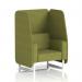 The photo captures a stylish open booth with white legs and vibrant olive panels, upholstered in rivet fabric. The sleek design of the 1 seater sofa makes it a perfect addition to any space.