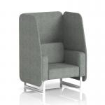 This picture features a sleek and modern 1 seater open booth in rivet fabric, complete with white legs and prime panels. The dynamic design offers versatility and style, making it a perfect addition to any space.