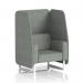 This picture features a sleek and modern 1 seater open booth in rivet fabric, complete with white legs and prime panels. The dynamic design offers versatility and style, making it a perfect addition to any space.