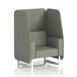 This image features a sleek and modern one-seater open booth with white legs. The booth is made to order and has vitreous panels and a striking rivet fabric. Its dynamic design exudes sophistication and style.