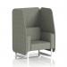 This image features a sleek and modern one-seater open booth with white legs. The booth is made to order and has vitreous panels and a striking rivet fabric. Its dynamic design exudes sophistication and style.