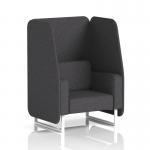 This photo features a Dynamic Booths 1 seater open booth with white legs. The booth is made to order in a stylish fabric and is accented with geometric Arithmetic panels. The matching sofa adds a touch of sophistication to any space.
