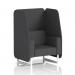 This photo features a Dynamic Booths 1 seater open booth with white legs. The booth is made to order in a stylish fabric and is accented with geometric Arithmetic panels. The matching sofa adds a touch of sophistication to any space.