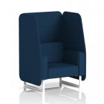 This photo captures a sleek, modern one-seater booth in white and x2 fabric, featuring dynamic calculus panels and a matching sofa. The open design and customizable options make it perfect for any space.