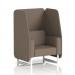 The photograph features a modern, customizable Dynamic Booths open 1 seater booth with white legs and Theory panels. The sofa is made from X2 fabric, giving it a sleek and stylish appearance. Perfect for any office or event space, this booth offers comfort and versatility.