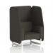 In the photograph, a sleek, modern 1-seater open booth with white legs is shown. The booth features temple panels and is upholstered in a light gray fabric. The overall look is clean, elegant, and customizable to fit any space.
