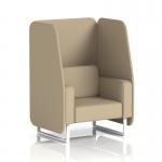 The picture shows a dynamic booth, custom made in Brixworth, with white legs and upholstered in Main Line Flax fabric. It features Upminster panels and a single open seat. The sofa has a sleek and modern design.