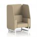 The picture shows a dynamic booth, custom made in Brixworth, with white legs and upholstered in Main Line Flax fabric. It features Upminster panels and a single open seat. The sofa has a sleek and modern design.