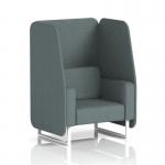 This image shows a sleek and modern 1 seater open booth from Dynamic Booths, customized in Main Line Flax fabric and complemented with white legs. The Westminster panels and sofa add a touch of style to this made-to-order design.