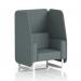This image shows a sleek and modern 1 seater open booth from Dynamic Booths, customized in Main Line Flax fabric and complemented with white legs. The Westminster panels and sofa add a touch of style to this made-to-order design.