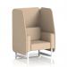This photo features a modern and sleek open booth with white legs and Synergy fabric. The dynamic design is highlighted by affix panels and a single-seater sofa. Perfect for adding a contemporary touch to any space.