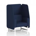 The photograph features a sleek and modern 1 seater open booth with white legs in synergy fabric, designed and made to order for ultimate customization. The alike panels and sofa create a cohesive and stylish look, perfect for any event or space.