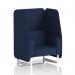 The photograph features a sleek and modern 1 seater open booth with white legs in synergy fabric, designed and made to order for ultimate customization. The alike panels and sofa create a cohesive and stylish look, perfect for any event or space.