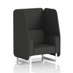 The picture shows a sleek and modern open booth with white legs and mix panels, upholstered in synergy fabric. The booth is designed to seat one person comfortably and can be customized to fit any space.