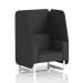 The picture shows a sleek and modern open booth with white legs and mix panels, upholstered in synergy fabric. The booth is designed to seat one person comfortably and can be customized to fit any space.
