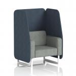 The picture shows a sleek and modern Dynamic Booths 1-seater open booth in Brixworth, with white legs and a stylish Rivet fabric. The booth features Crucible panels and a Prime Sofa, creating a contemporary and customizable seating option.